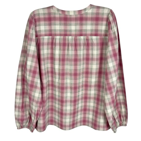 NEW Loft Pink Gray Plaid Smocked Button Front Long Sleeve Top Women’s XL - Picture 2 of 9